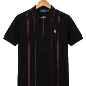 Vertical Striped Regular Polo Shirt (Black with Maroon)
