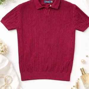 Vertical Striped Regular Polo Shirt (Light Maroon)
