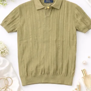 Vertical Striped Regular Polo Shirt (Muted Olive Green)