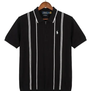Vertical Striped Regular Polo Shirt (Black with White)